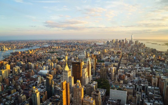 Skyline looking south towards Lower Manhattan at sunset, One World Trade Center in view, Manhattan, New York City, New York, United States of America, North America